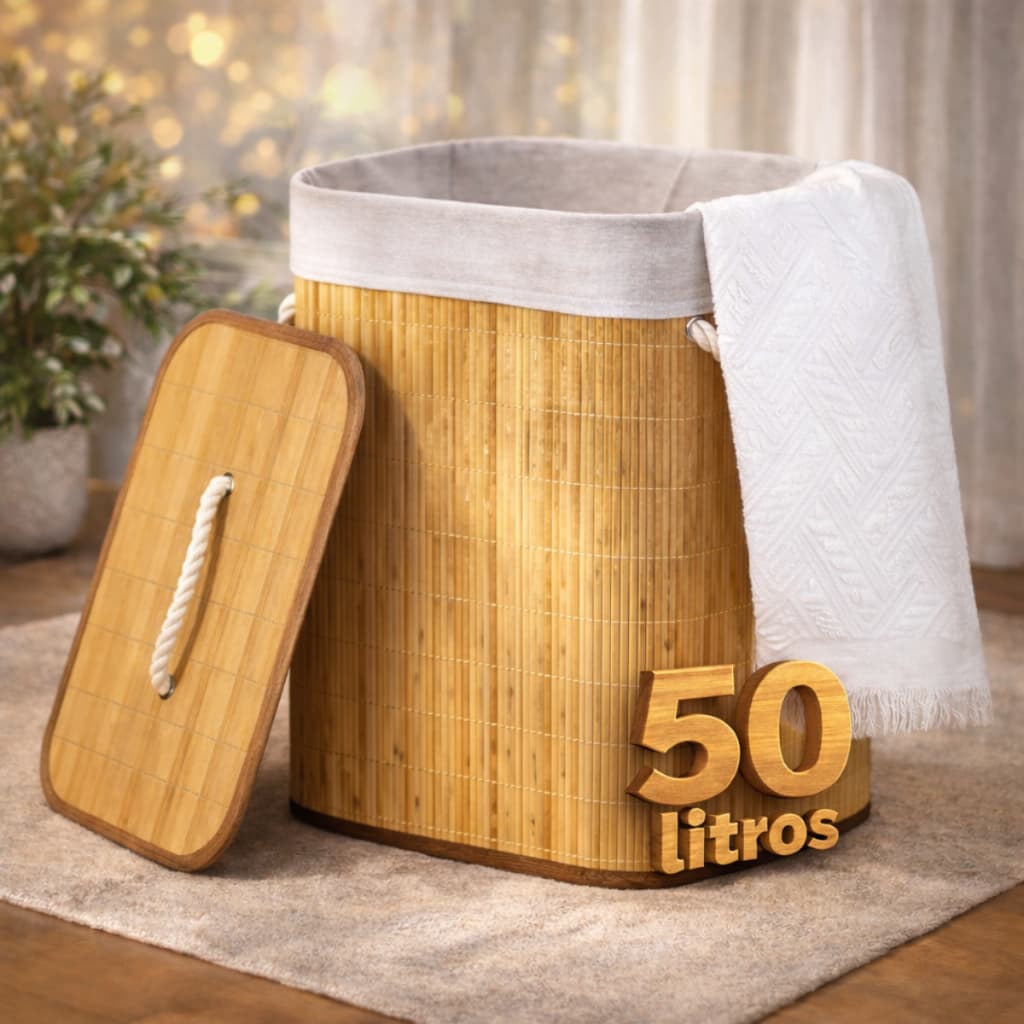 Cesto De Roupa Suja De Bambu Bege Dobrável Com Alças Malular 50L