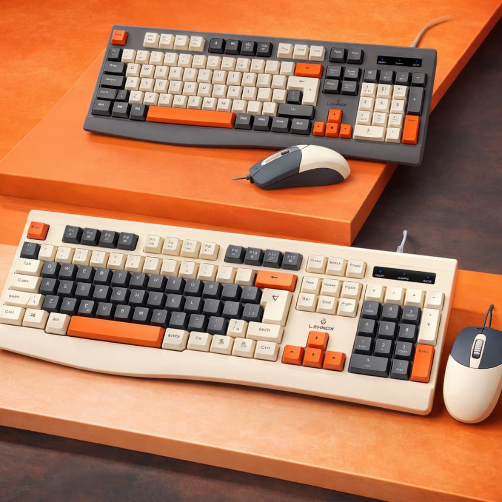 Kit Teclado Mouse Optico Silencioso Com Fio Retrô Preto Bege USB ABNT2 Estilo Vintage Colorido