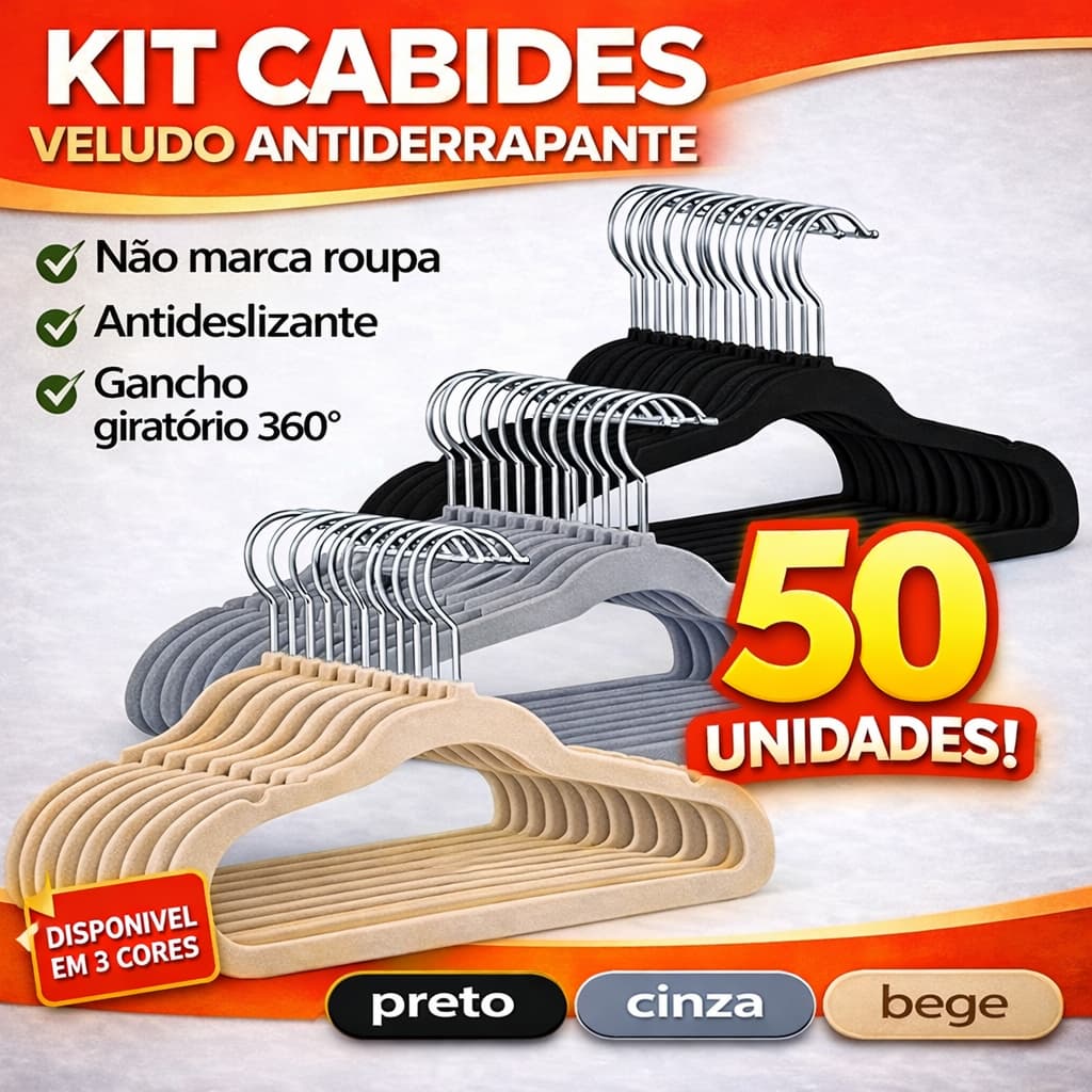 Kit Cabide de Veludo Antiderrapante 45cm Gancho Giratório 360° Não Marca Roupa Organizador Closet