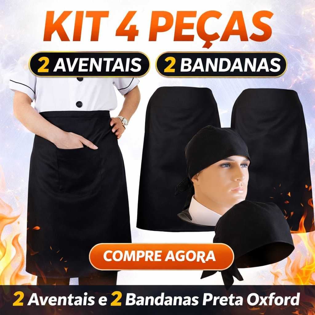 Kit 2 Aventais Oxford Preto + 2 Bandanas Profissionais Unissex Cozinha Restaurante Padaria