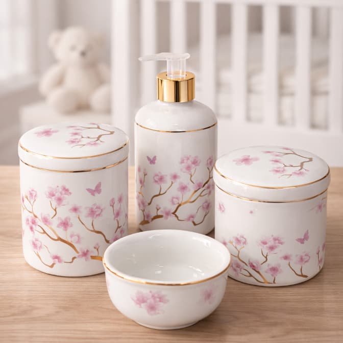 Kit Higiene Bebe Menina 4 Peças Porcelana  Bandeja MDF Flor De Cerejera Delicado Nene