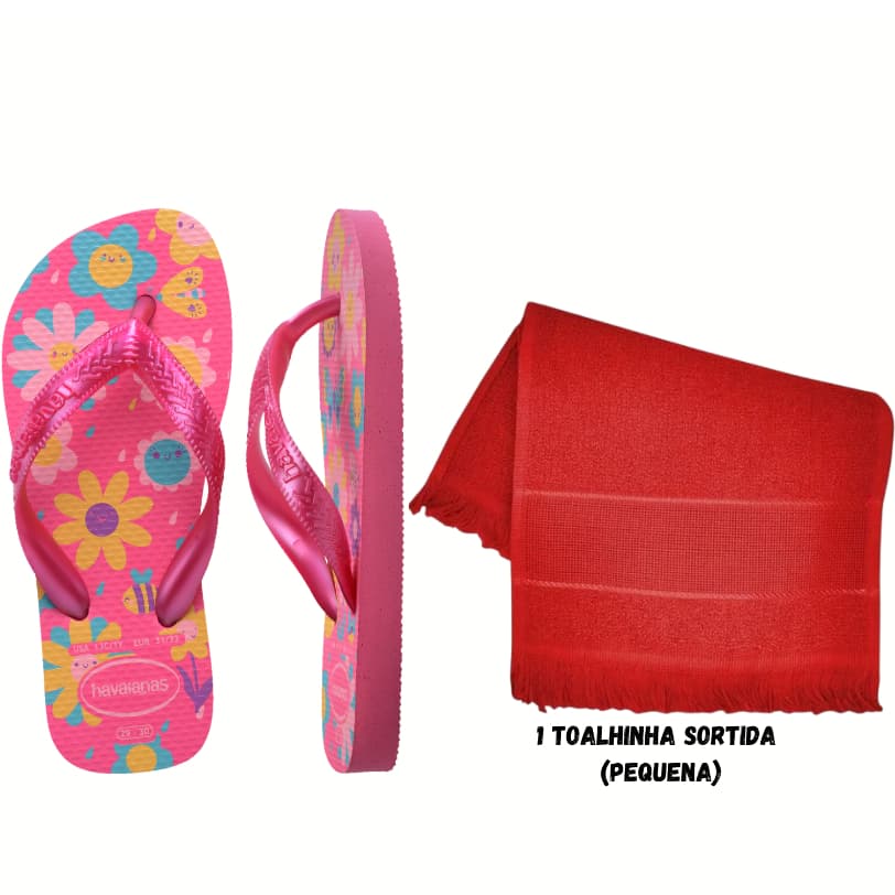 Chinelo Havaianas Infantil Kids Flores Rosa Flux + Uma Toalhinha Sortida