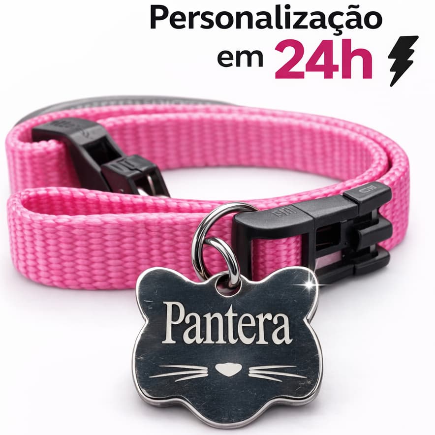 Kit Identificação Pet Personalizado Gato | Coleira + Plaquinha com Nome e Telefone | Gravação Laser
