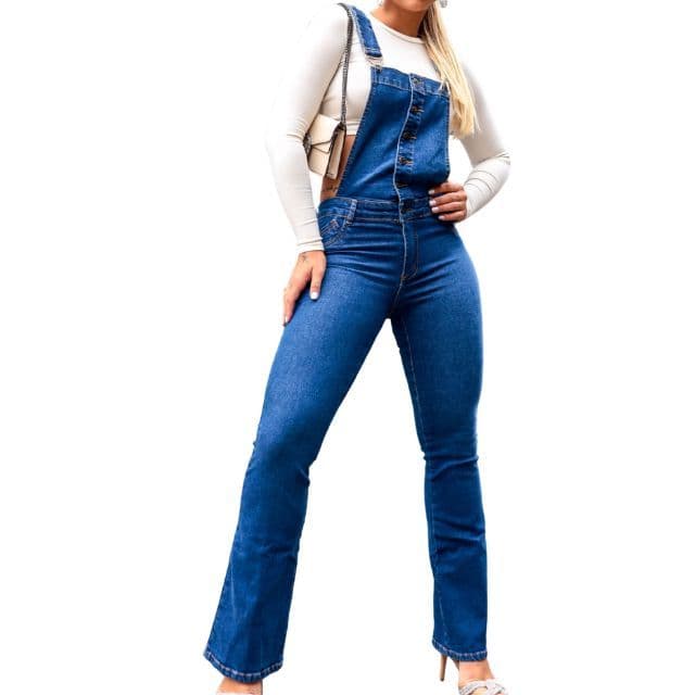 Jardineira Jeans Longa Elegante Escura Macacão Flare Calça Ajustada com Elastano