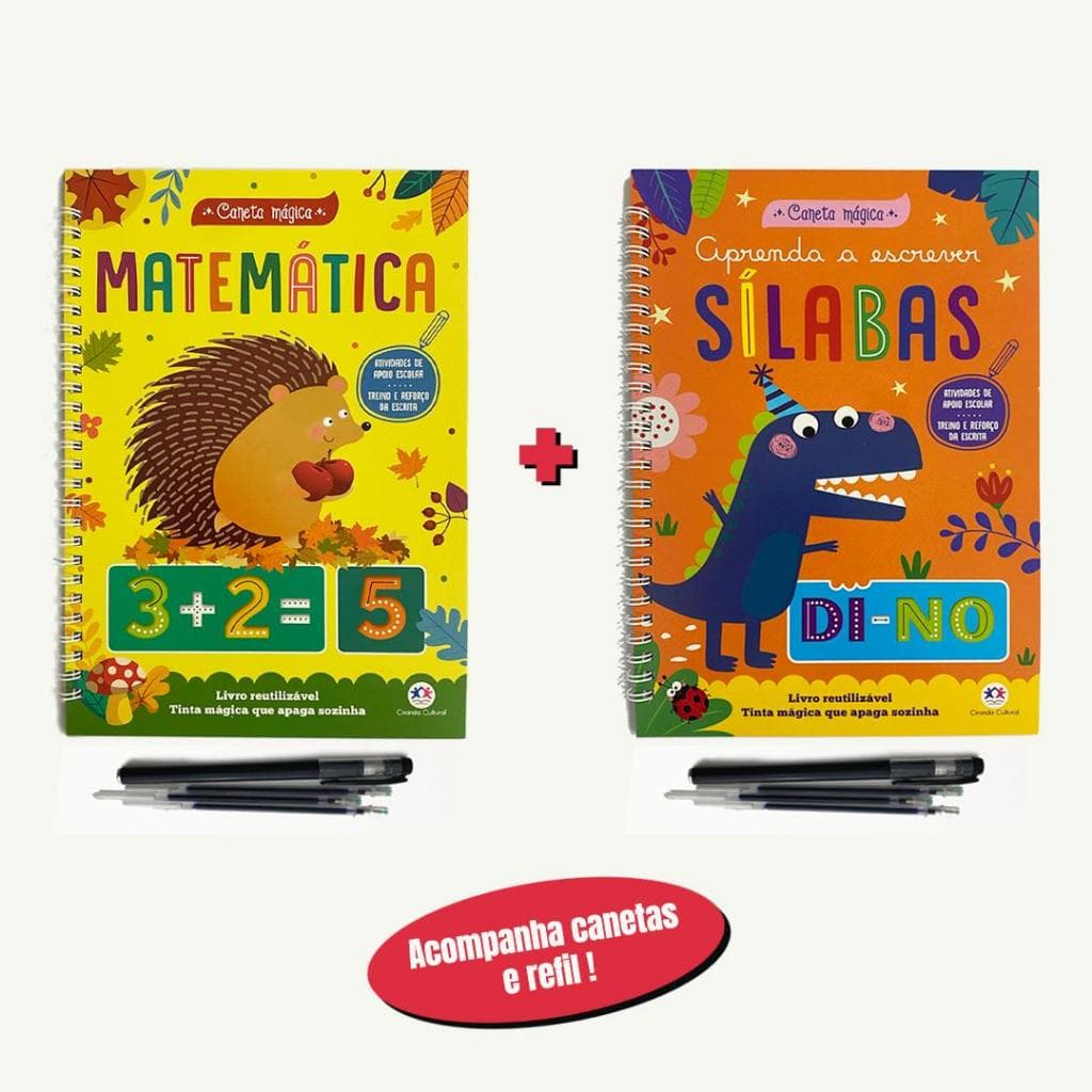 Kit 2 Livros Caderno Caligrafia Mágica Reutilizável Com Caneta e Refil Letra Bastão e Letra Cursiva
