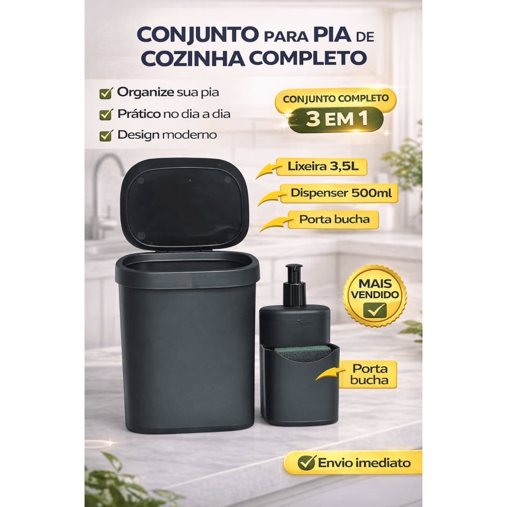 Conjunto Pia de Cozinha Completo  Lixeira 3,5L + Dispenser 500ml + Porta Bucha  Prático e Organizado