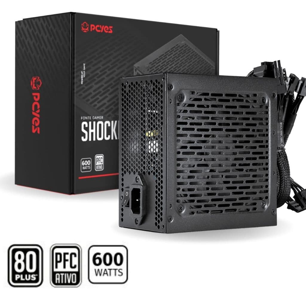 Fonte ATX Gamer Pcyes Shocker 600w 80plus White Pfc Ativo Bivolt 110/220v Silenciosa