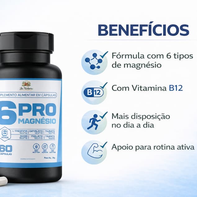 6 Pro Magnésio - 60 Cápsulas por Pote | Saúde Muscular Cerebral Óssea | Poucas Unidades