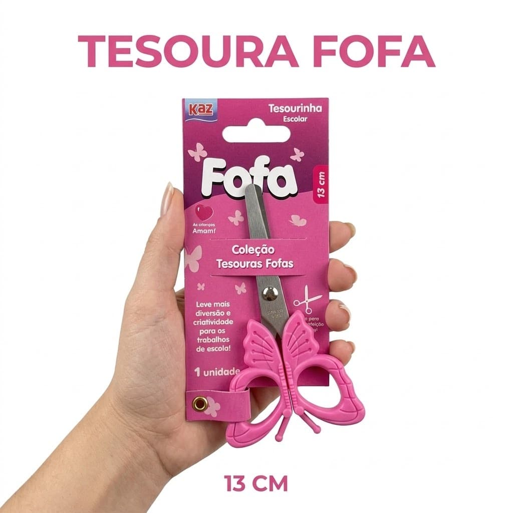 Tesoura Escolar Borboleta Aço Inox Coleção Fofa Kaz Infantil Ponta Redonda Sem Ponta Rosa