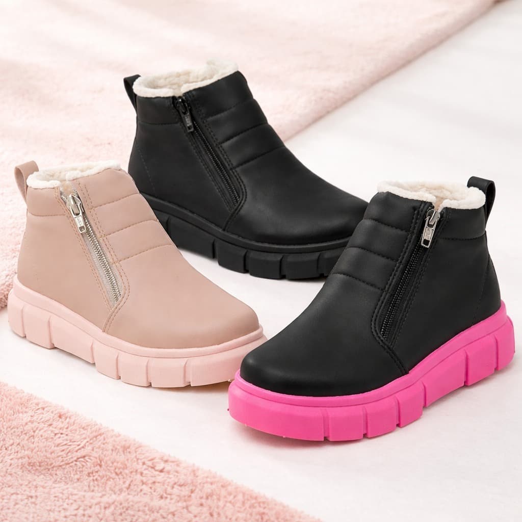 Coturno Infantil Menina com Pelinho Bota Inverno Feminina Confortável com Zíper Lateral Passeio