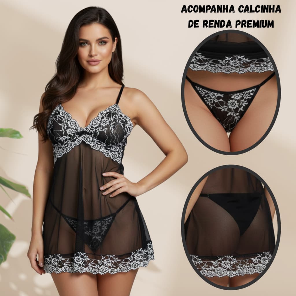 Camisola de Tule Com Calcinha Fio Renda Sexy Ajustável Feminina Pijama LingerieTransparente Sem Bojo
