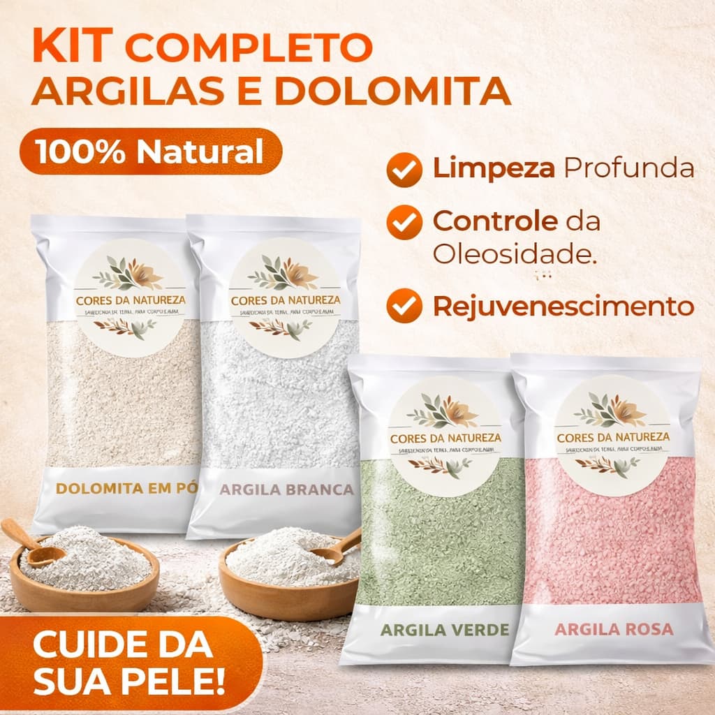 Kit Argilas e Dolomita SKINCARE (Branca, Verde, Rosa e Dolomita) 100% pura