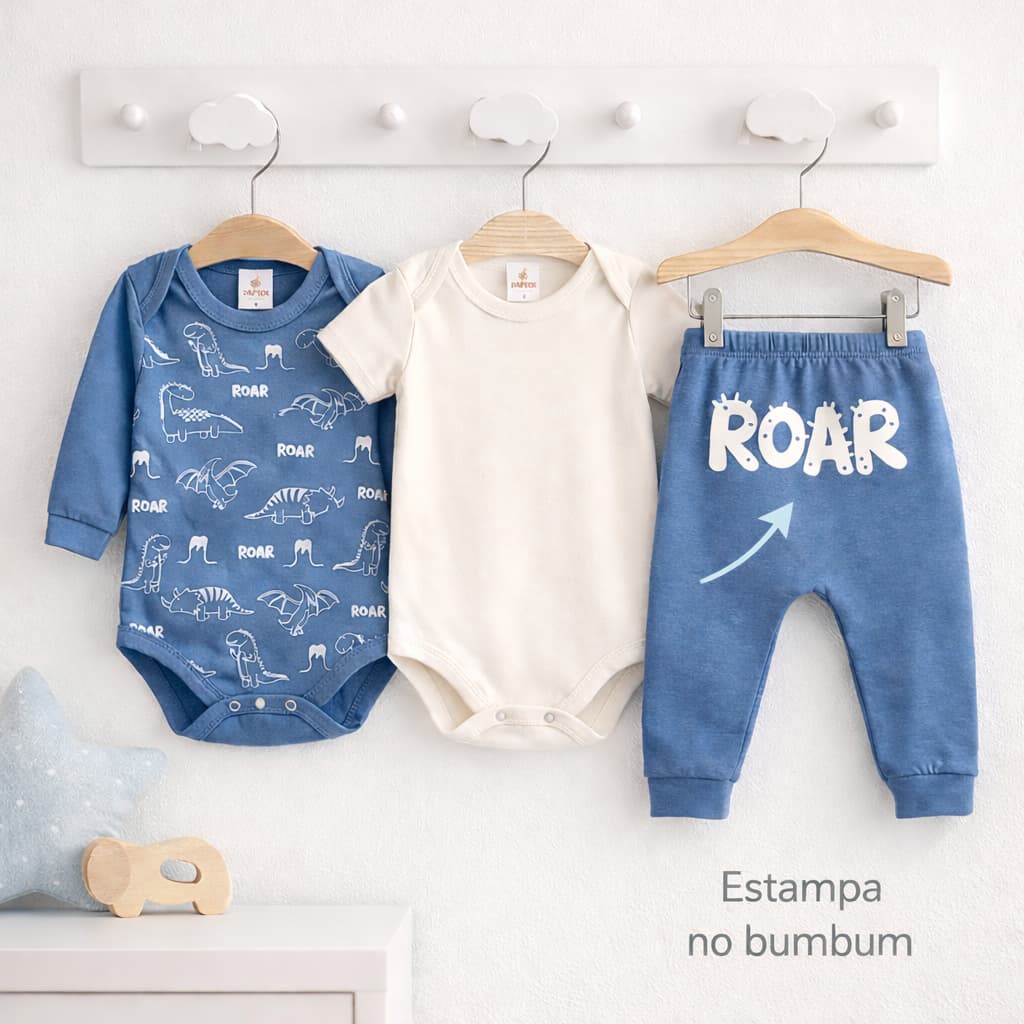 Conjunto Bebê Trio 3 Pçs Algodão: Body e Calça OU Regata e Shorts Estampas Divertidas Roupa de Bebê Menino Verão Inverno