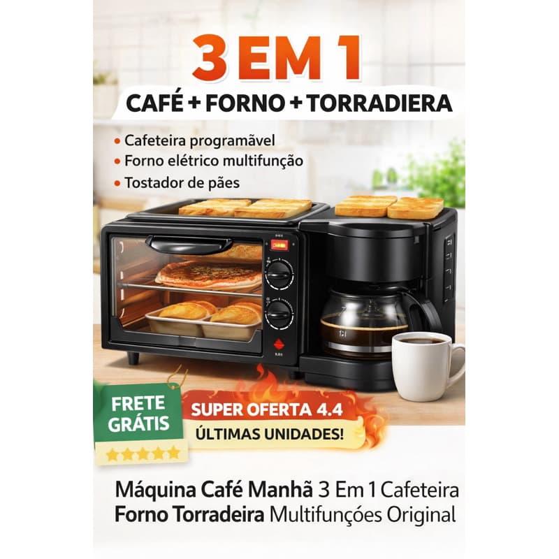Forno + Cafeteira + Grill 3 em 1 Máquina Multifuncional Café da Manhã Premium 2800W