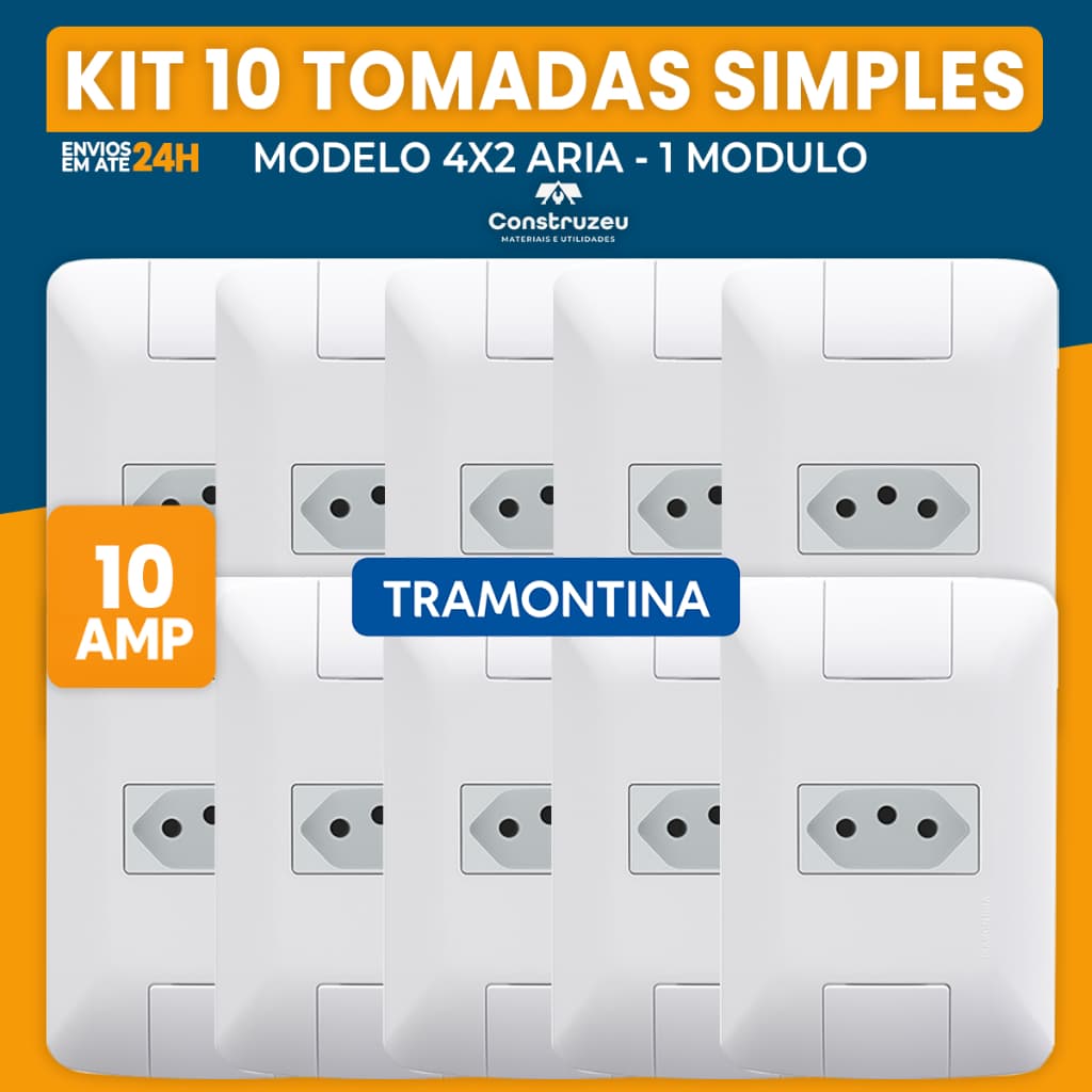 Kit 10 Unidades Conjunto Tomada Branca Simples Placa Eletrica 4X2 10A 250v Aria - Tramontina