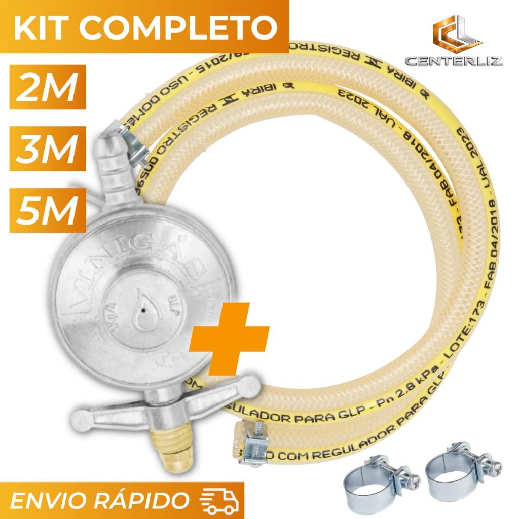 Kit Gás Mangueira 2, 3 ou 5 Metros 7K Multiuso Registro Regulador 2 Abraçadeiras  Botijão Fogão Glp