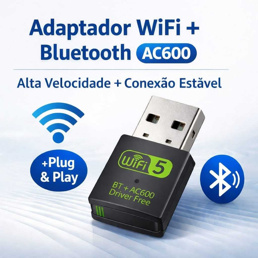 Adaptador WiFi 600Mbps + Bluetooth 4.2 USB 2 em 1 Dual Band 5GHz PC Notebook Plug & Play
