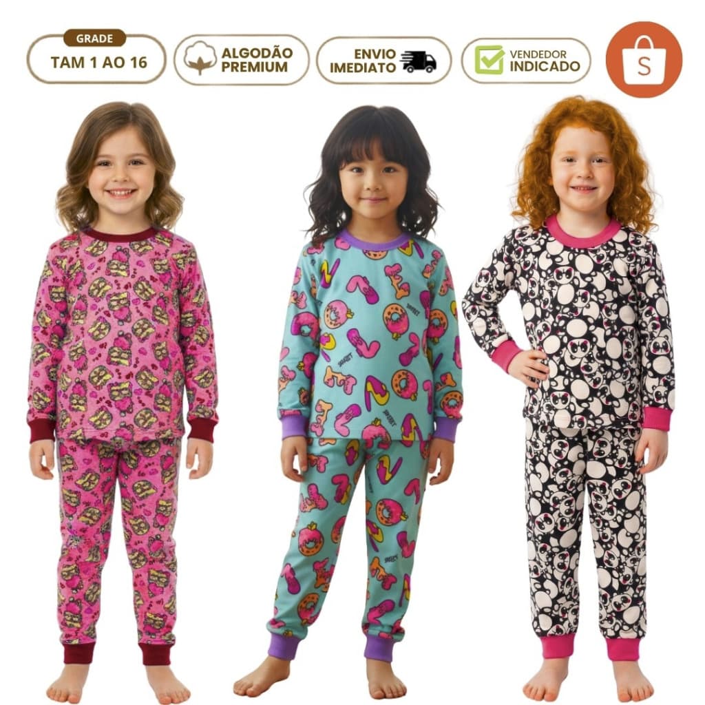 Kit 4 Peças Pijama Infantil Feminino Inverno Algodão 2 Camiseta Manga Menina 2 Calça Punho 1 a 16