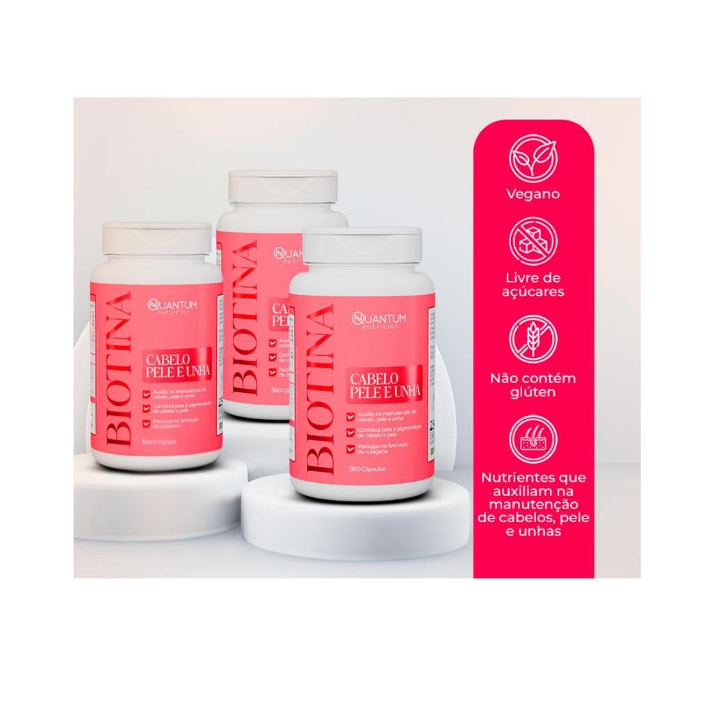 kit 1-3 Frascos Biotina Vitamina B7 + B1 B5 B9 - 60 a 180 Cáps Suplmento Capilar Unhas Pele -Quantum
