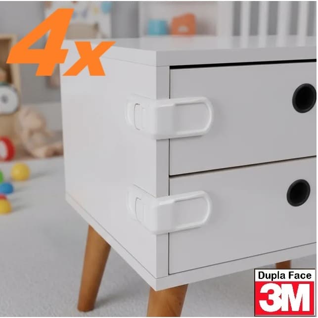4 Travas Lateral de Gaveta Branco Segurança Bebê - Adesivo 3M VHB