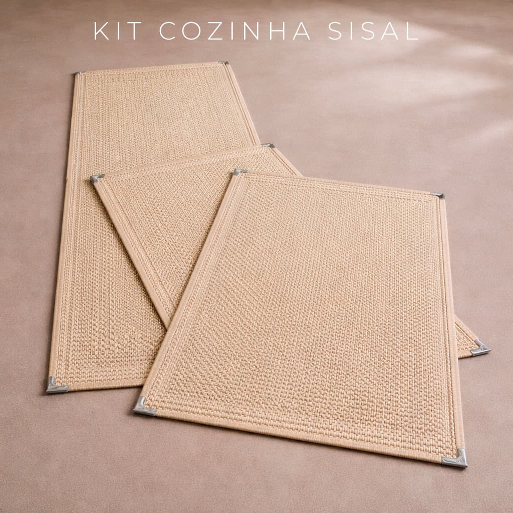 Jogo de Tapetes Cozinha Kit 3 Peças Sisal Lancer  Com Passadeira - Base Antiderrapante e Ponteiras