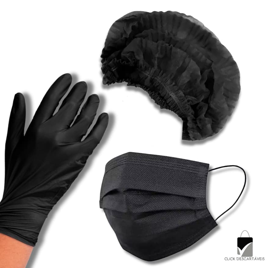 Kit 100 Luvas Nitrilica Preta P, M ou G +100 Toucas TNT + 50 Máscara Preta Descartável Com Clipe