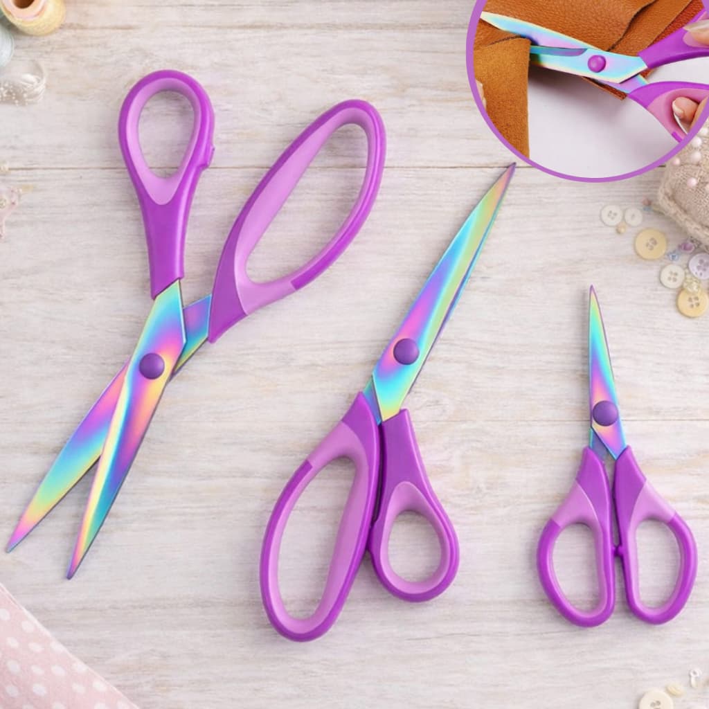 Kit 3 Tesouras Titânio Costura Corte Artesanato Papelaria Manuais Tecido Papel Feltro Colorida