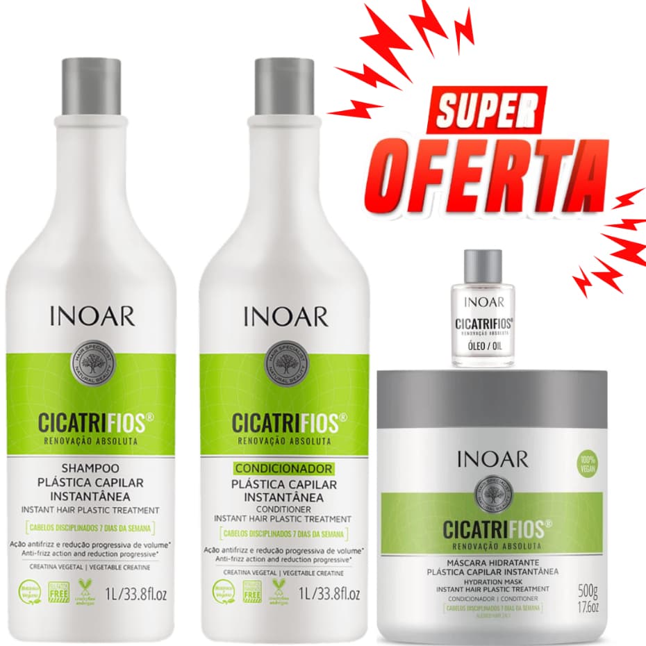 KIT CICATRIFIOS INOAR SHAMPOO1L+CONDICIONADOR 1L+MÁSCARA 500G+ÓLEO CICATRIFIOS 7ML
