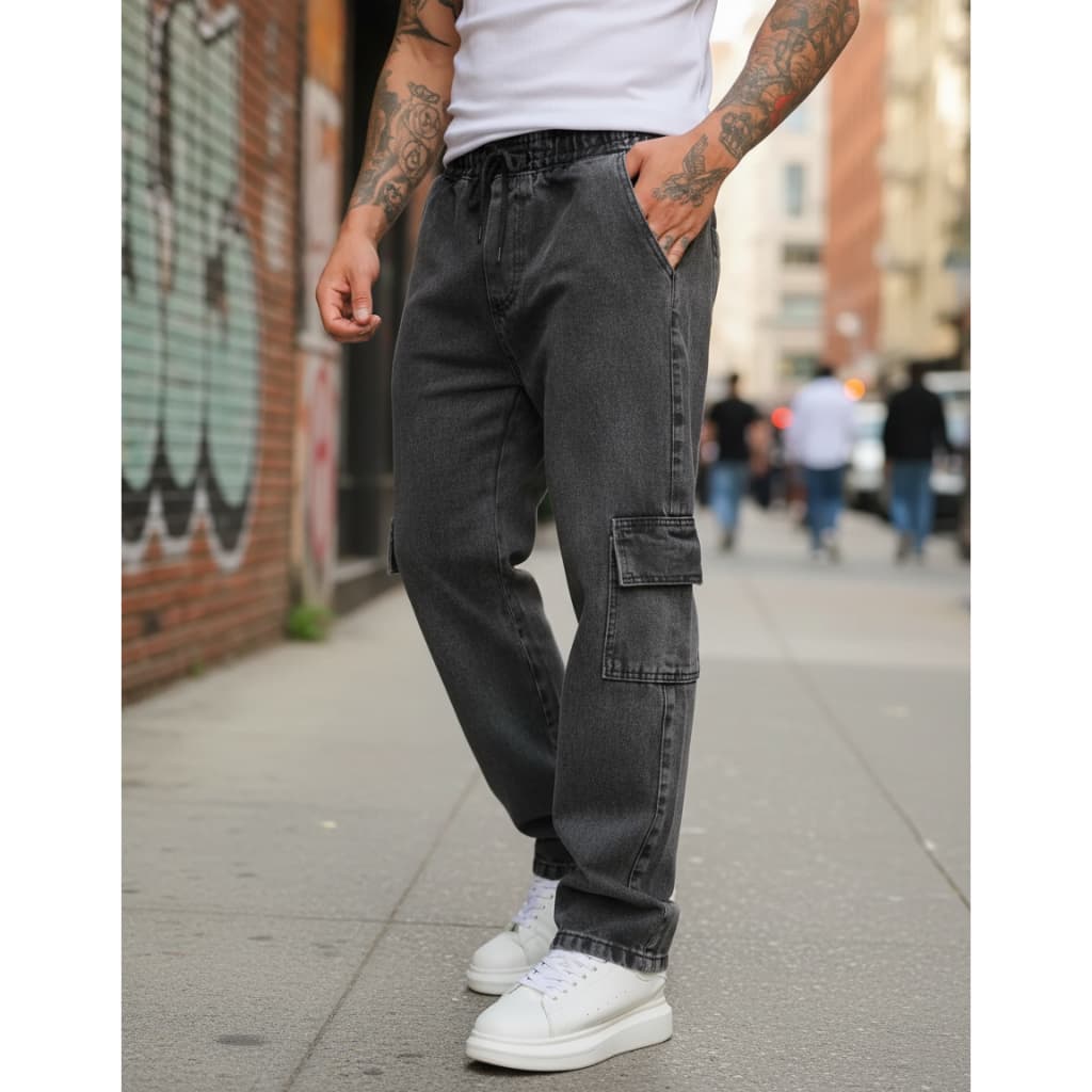 Calça Jeans Cargo Masculina Streetwear Skatista Preta Mescla Cinza Grafite