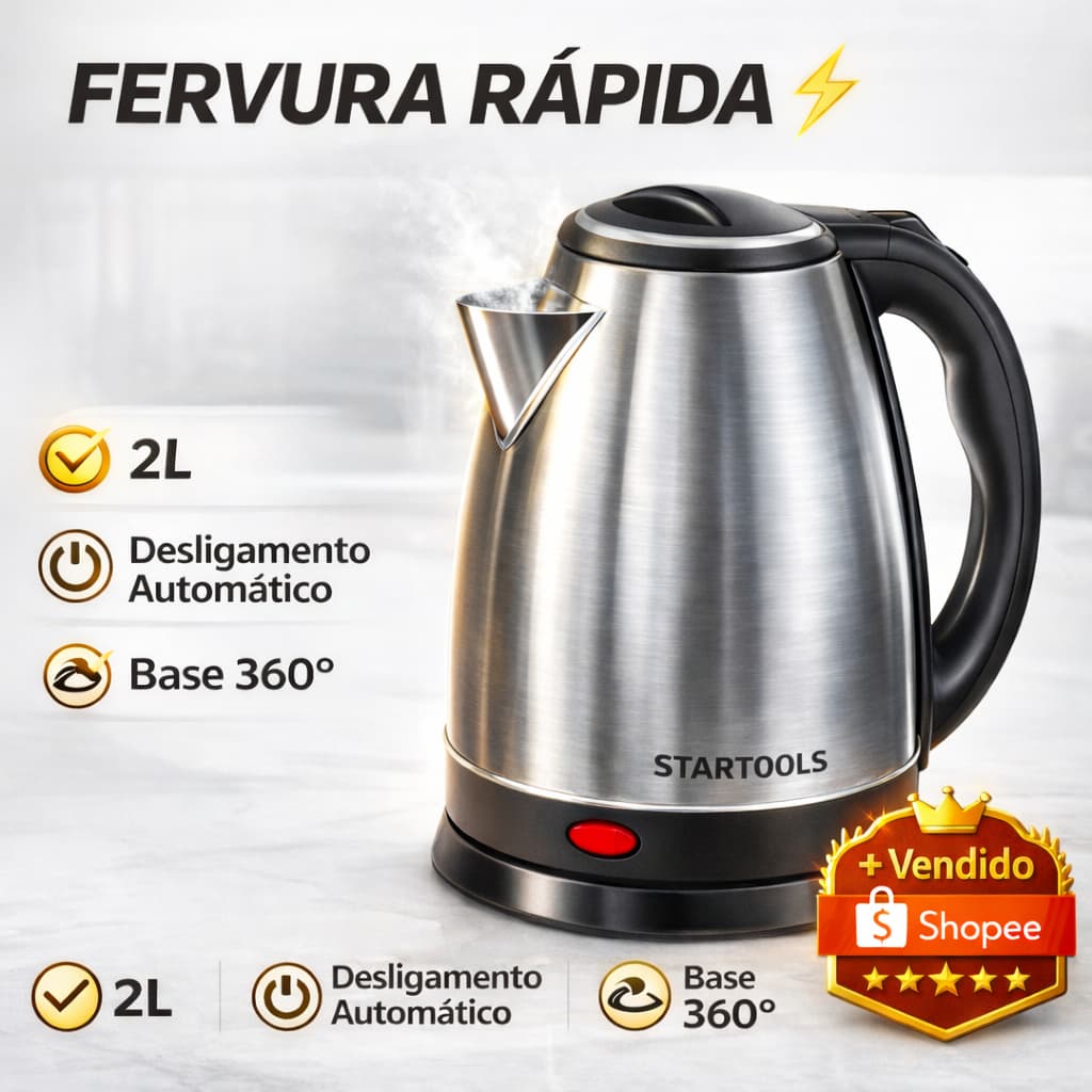 Chaleira Elétrica Inox 2L Ferve Água Rápido Desligamento Automático Base 360 Jarra Inox 127V ou 220V