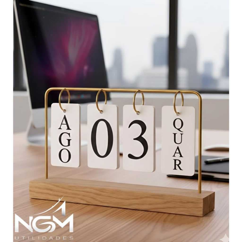 Calendário de Mesa Decorativo com Plaquinhas Home Office Preto/Dourado/ROSE Permanente Escritório