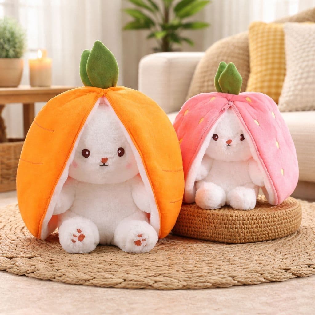 Coelho de Pelúcia Morango, Cenoura Transformável e Travesseiro para Dormir, Presente de Natal Perfeito, Pascoa, Feliz