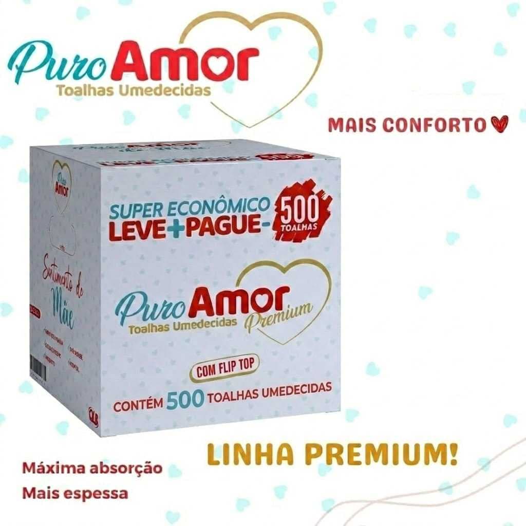 Kit 500 ou 2000 Lenços Toalhas Umedecidas Puro Amor Premium, Caixa Com 500 Toalhas Cada