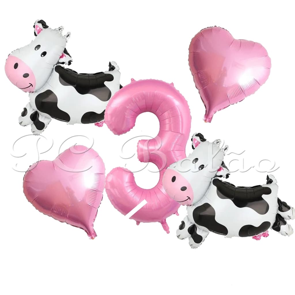 Kit 5 Balão Metalizado 2 VAQUINHA PEQUENA N° 40CM ROSA CLARO  2 CORAÇÃO ROSA CLARO FAZENDINHA