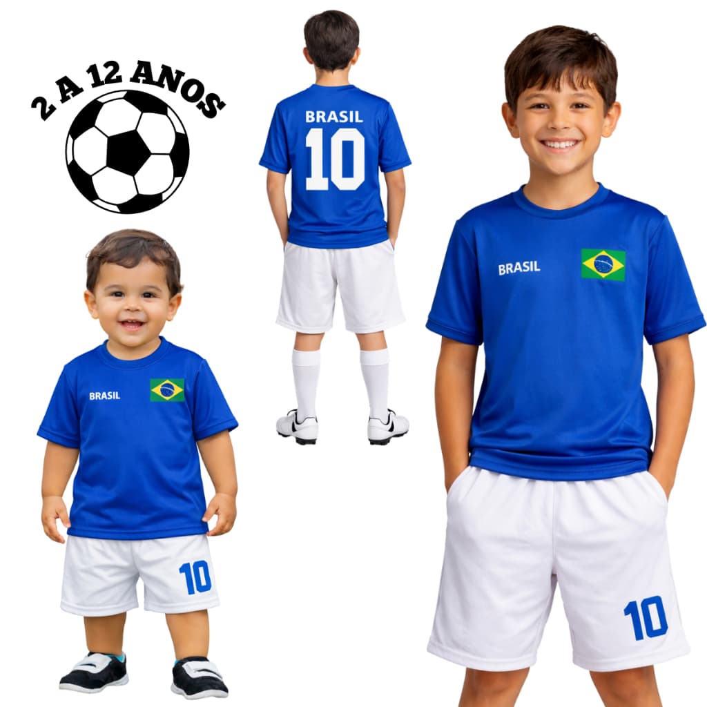 Conjunto Infantil do Brasil Camiseta + Bermuda Uniforme Copa 2 a 12 Anos Futebol