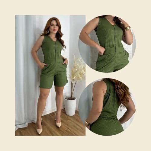 Macaquinho Feminino Zíper Frontal Com Bolso Confortável Malha Canelada do M ao GG