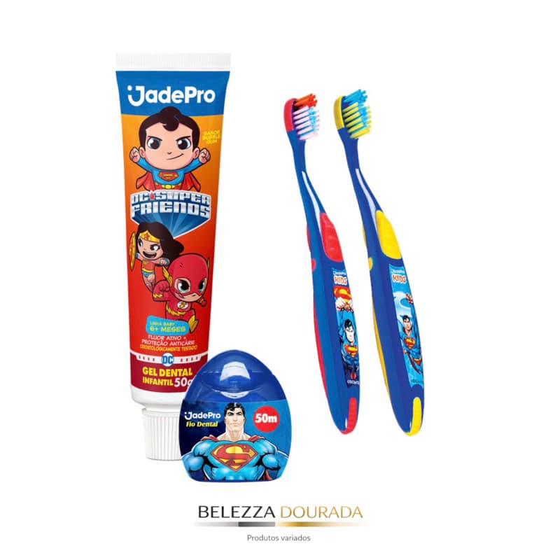 Kit Higiene Infantil Super Man & Super Friends – Escova, Gel e Fio Dental Jade Pro | Macia