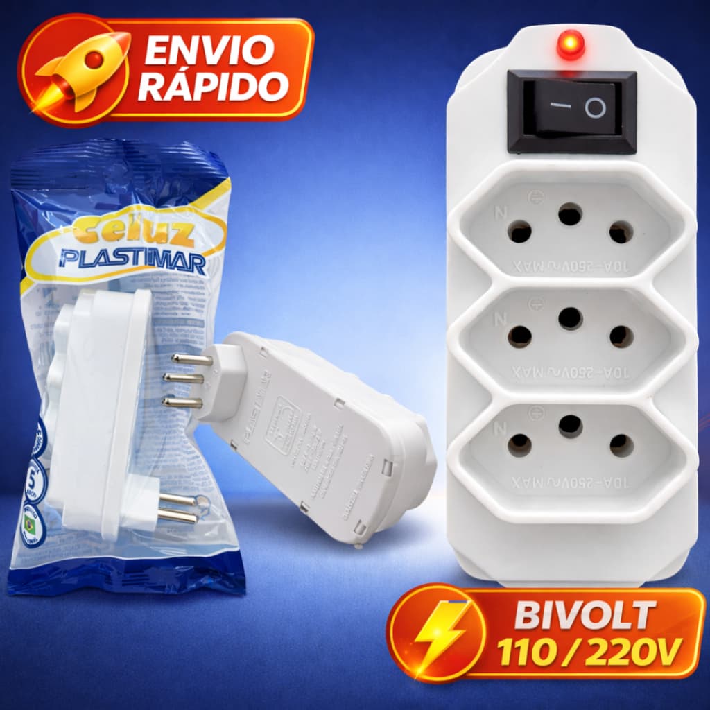 Benjamin 3 Tomadas Botão Liga Desliga Adaptador Bivolt 3 pinos 10A Benjamin 110 / 220 V Filtro Linha