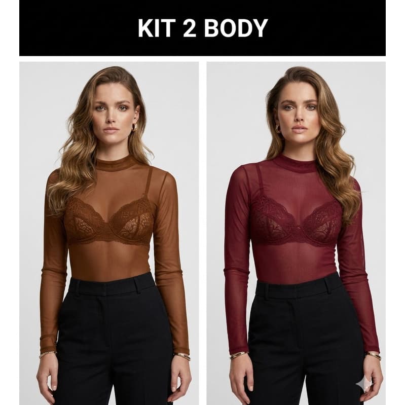 Kit 2 Body Tule Transparente Manga Longa Estilo Blogueiras Tamanho Único Moda Tendência