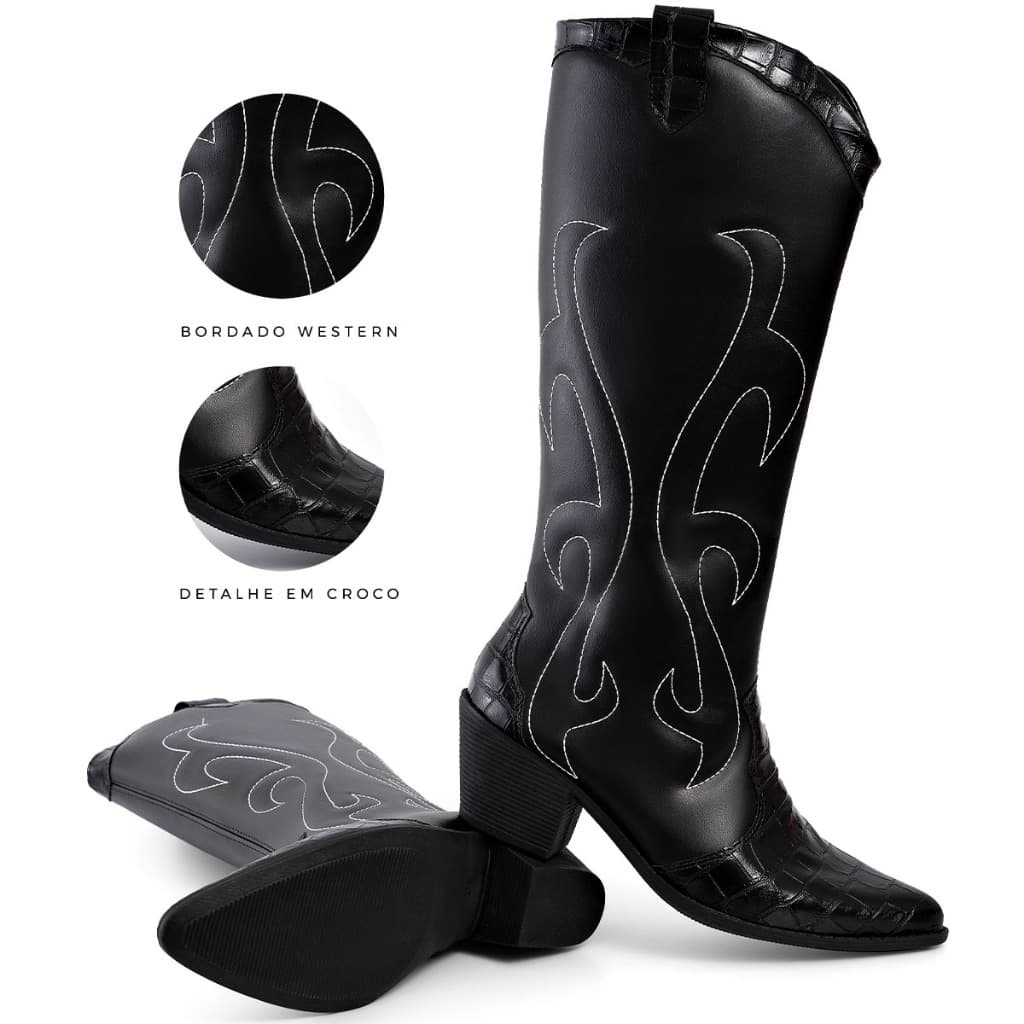 Bota Feminina Lumiss Western Texana Bico Fino Salto Grosso Croco Confortável Country