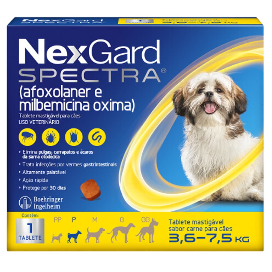 Nexgard Spectra Antipulgas Carrapatos e Vermífugo Para Cães 3,6 A 7,5kg c/1 Tabletes