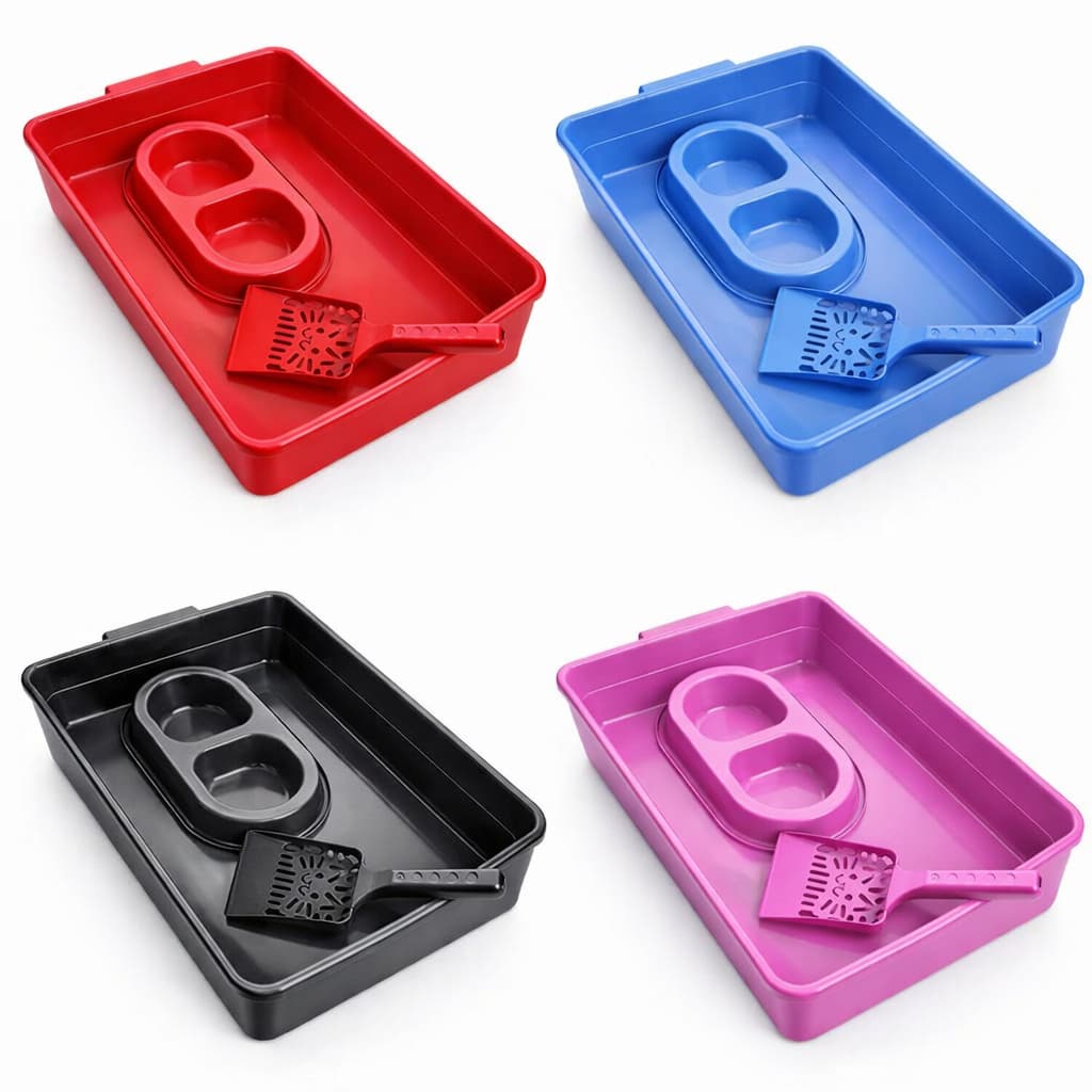 Kit Caixa de Areia para Gatos Bandeja + Comedouro Cara De Gato + Pá Higiênica