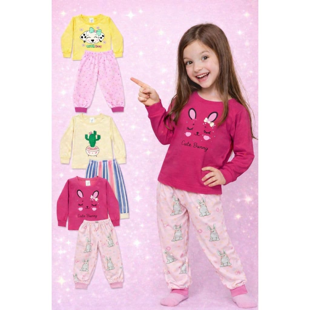 kit 4 Peças de Pijamas Menina Infantil Inverno que Brilha no Escuro 2 Bluas + 2 Calças Tamanho 1 ao 8 anos