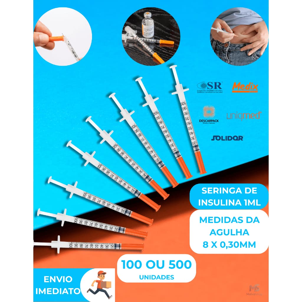 Seringa Insulina 1ml com Agulha Acoplada 8X0,30mm 30g Descarpack Medix Solidor Venper SR C/100 Unidades