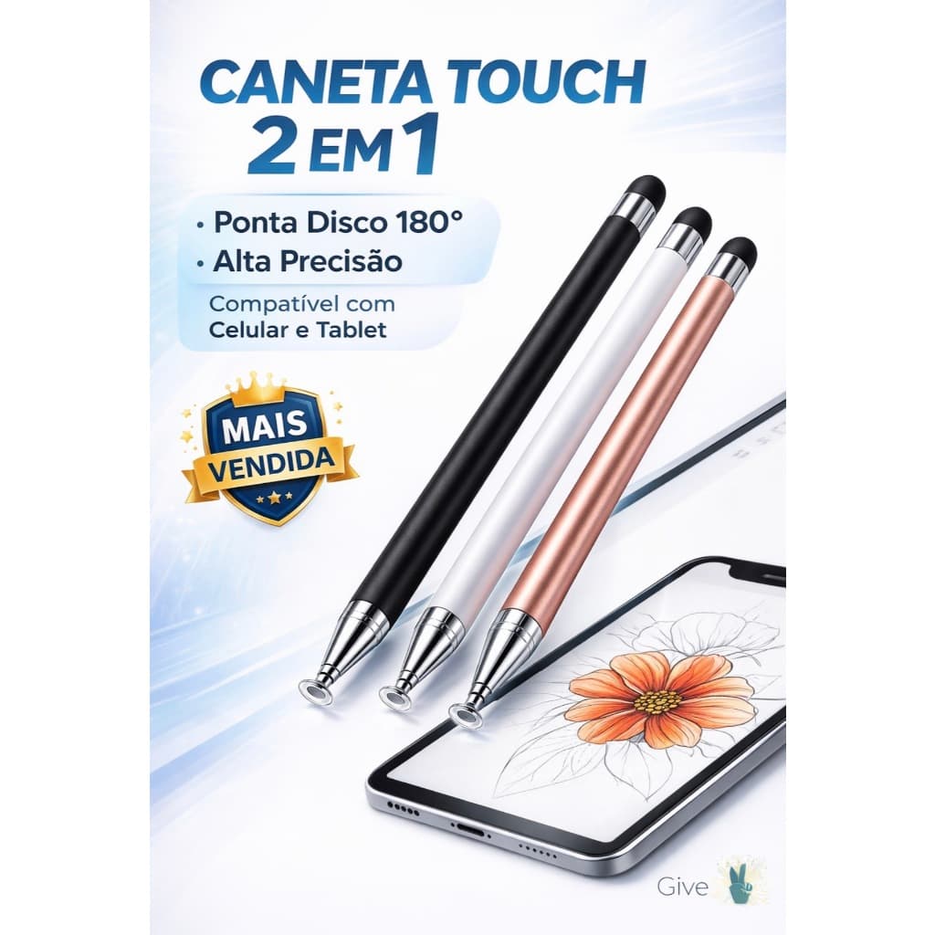 Caneta Stylus 2 em 1 Universal Celular E Tablet Ponta Borracha iPad iPhone Caneta Touch
