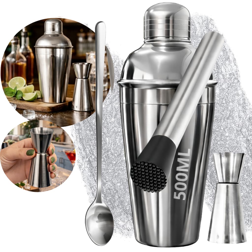 Kit Caipirinha Bartender Inox Coqueteleira 4 peças 500ml  - Socador - Dosador Drinks Colher Premium