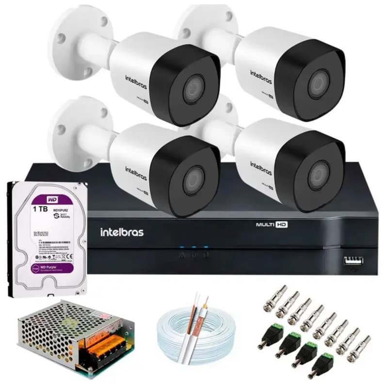 Kit 4 Câmeras VHD 3120 B G6 + DVR MHDX 1104 Intelbras + HD 1TB+ Fonte, Cabos e Acessórios
