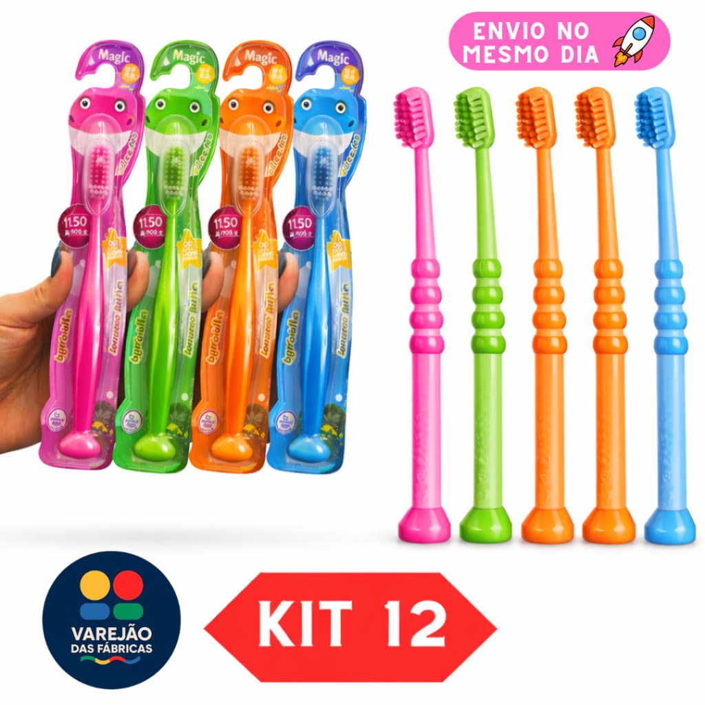 Kit 12 Escovas De Dente Macia Infantil Com Limpador De Língua e Capa Protetora Saúde Bocal