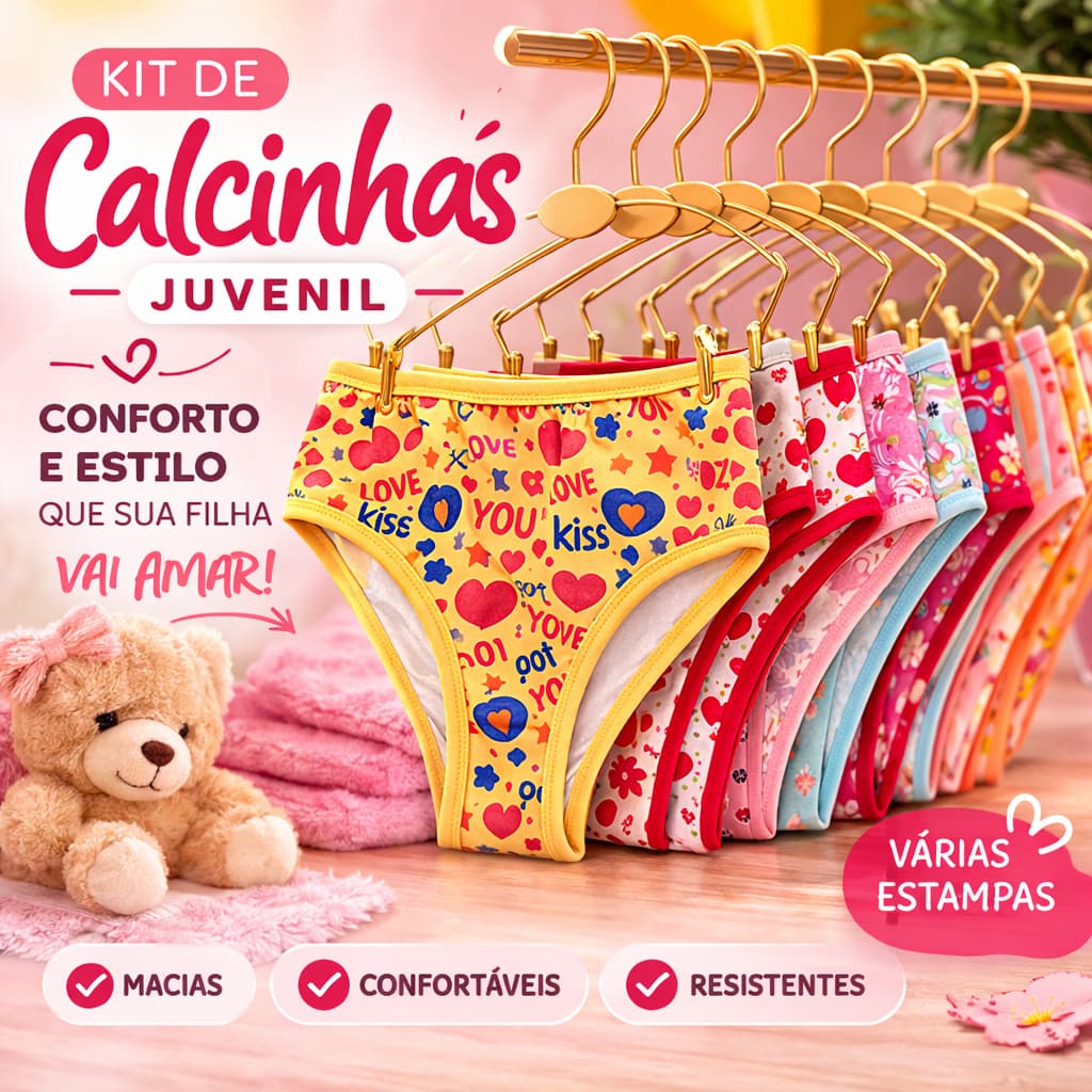 Kit Calcinha Juvenil Infantil Algodão Calcinhas para Meninas com Forro de 100% Algodão