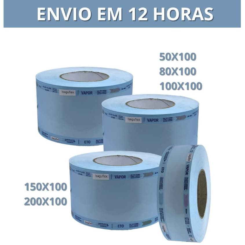 Bobina Esterilização Grau Cirúrgico 50 80 100 150 200mm x 100m Autoclave